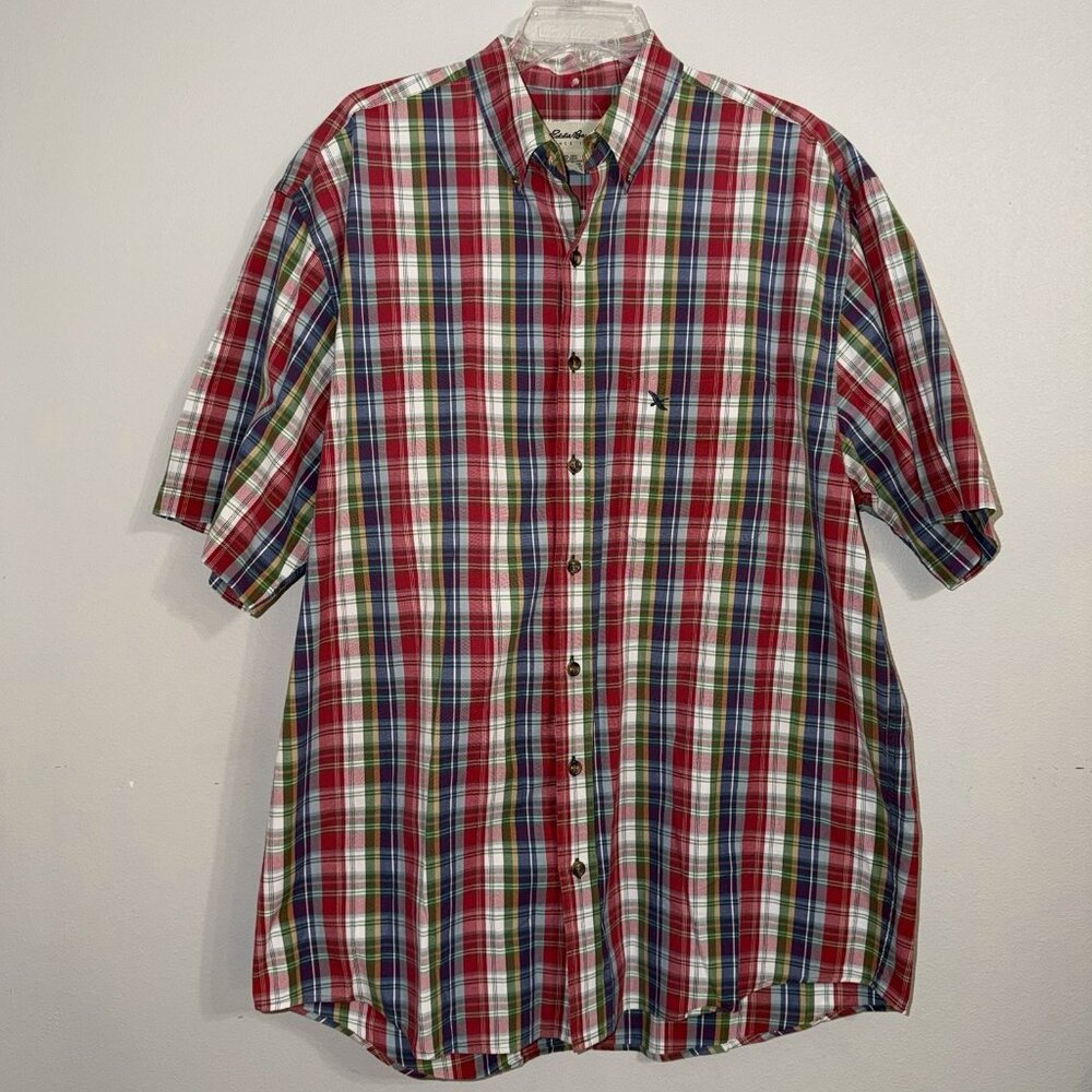Eddie Bauer Mens Button Up Shirt Plaid Short Sleeve Red Blue Large Casual Cotton